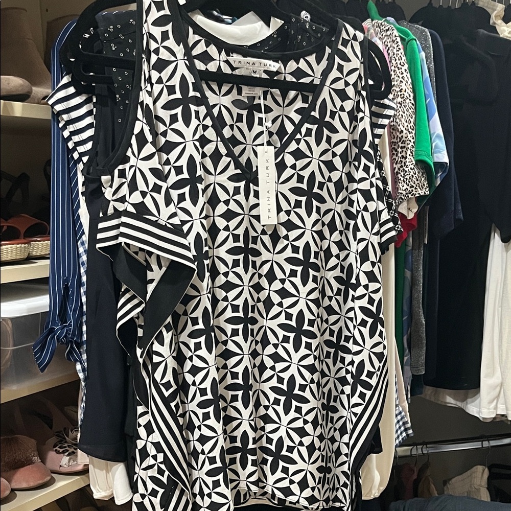Trina Turk Black and White Geometric Blouse